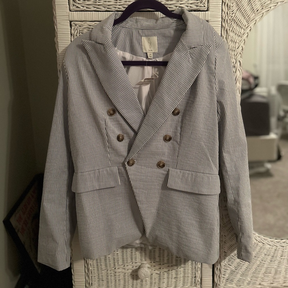 Navy and white striped blazer